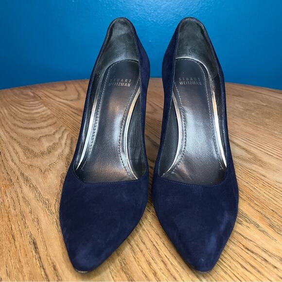 Stuart Weitzman Lucite Navy Suede Almond Toe Chunky Pumps Blue Heels Women’s 9 - Picture 5 of 11